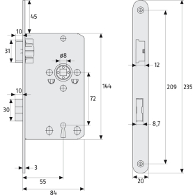 ABUS TK10 Einsteckschloss für leichte Innentüren (mit Buntbartschlüssel) DIN L links 20 mm rund S silber
