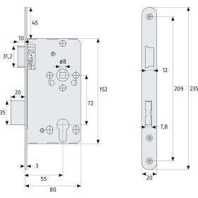 ABUS TKZ20 Einsteckschloss für Innentüren/Korridortüren DIN L links 20 mm rund S silber
