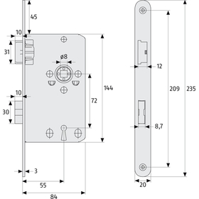 ABUS TK10 Einsteckschloss für leichte Innentüren (mit Buntbartschlüssel) DIN L links 18 mm rund HG hammerschlag gold