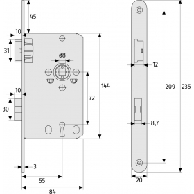 ABUS TK10 Einsteckschloss für leichte Innentüren (mit Buntbartschlüssel) DIN L links 20 mm rund HG hammerschlag gold