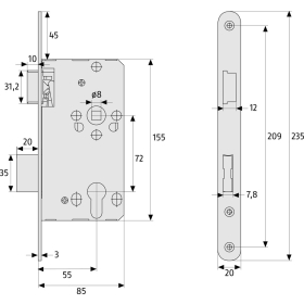 ABUS TKZ20 Einsteckschloss für Innentüren/Korridortüren DIN L links 20 mm rund MS Messing